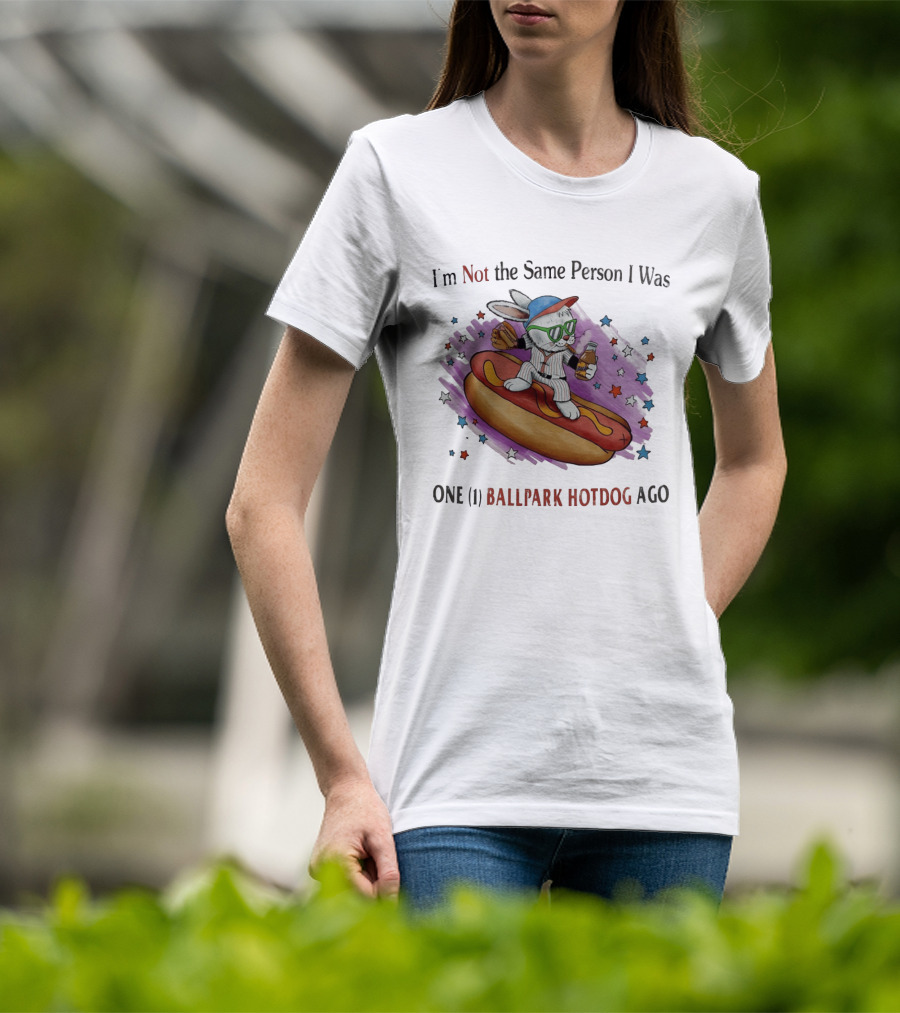 I'm Not The Same Person I Was One Ballpark Hotdog Ago Baseball Bunny With Sunglasses And Stars T-Shirt