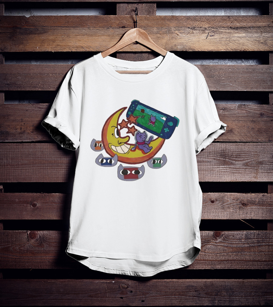 Cartoon Moon And Cat Playing Game With Stars And Colorful Masks T-Shirt