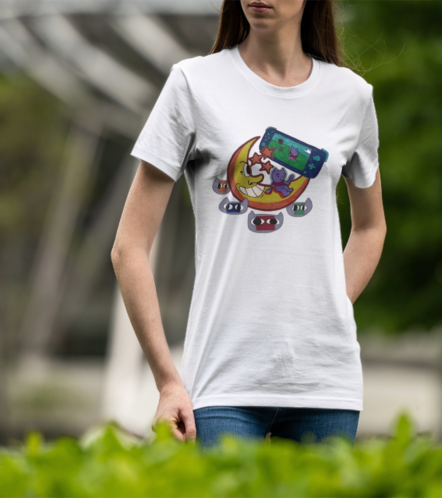 Cartoon Moon And Cat Playing Game With Stars And Colorful Masks T-Shirt