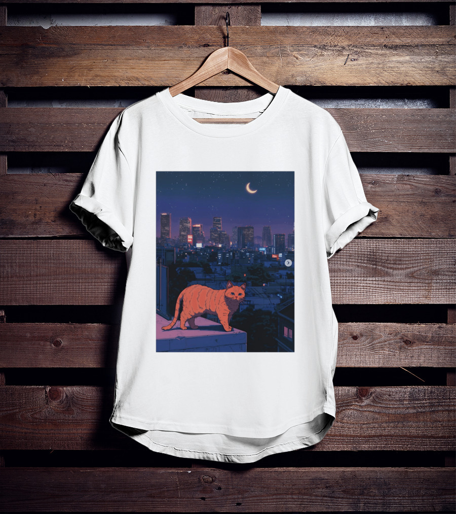Orange Tabby Cat Under Night Sky Overlooking City Skyline With Crescent Moon T-Shirt