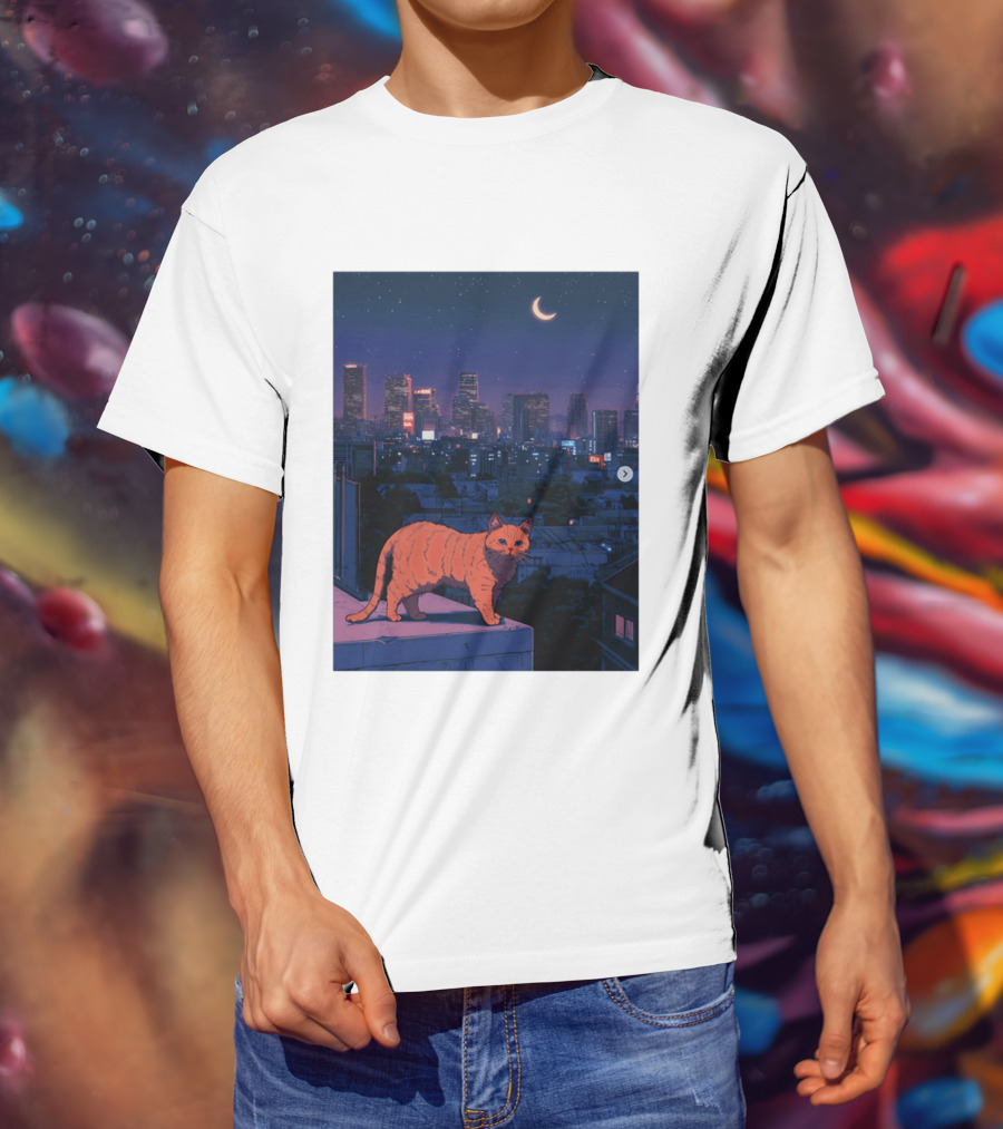 Orange Tabby Cat Under Night Sky Overlooking City Skyline With Crescent Moon T-Shirt