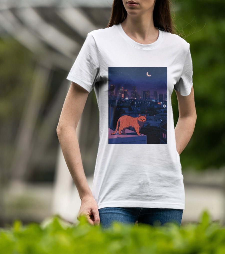Orange Tabby Cat Under Night Sky Overlooking City Skyline With Crescent Moon T-Shirt