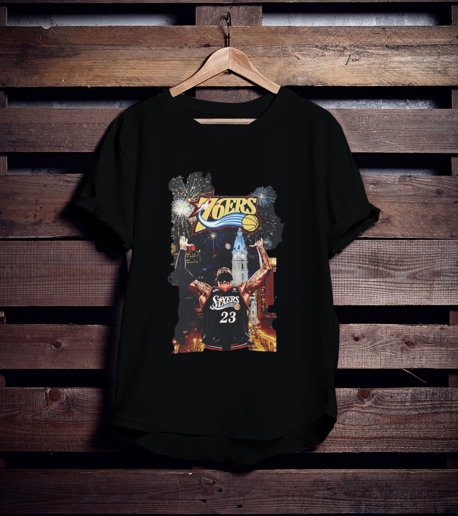 Philadelphia 76ers NBA Basketball 23 Cityscape Fireworks T-Shirt