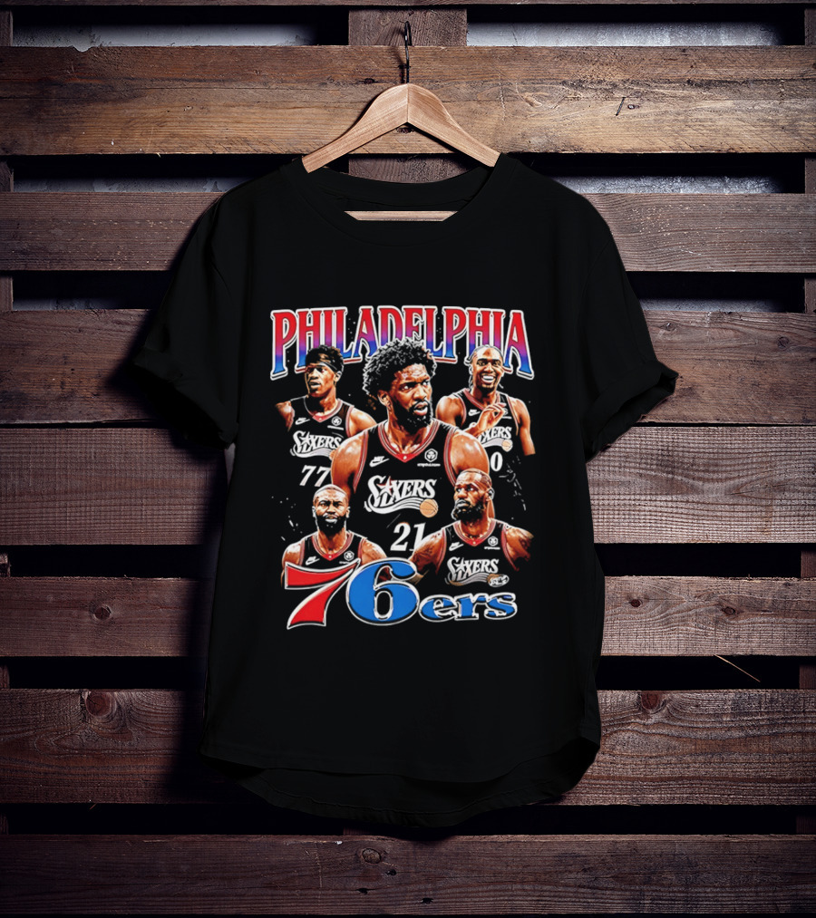Philadelphia 76ers Embiid LeBron Collage 21 77 T-Shirt
