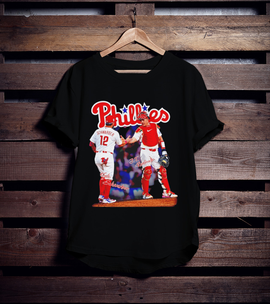 Philadelphia Phillies Kyle Schwarber J Realmuto 12 Catcher Handshake T-Shirt