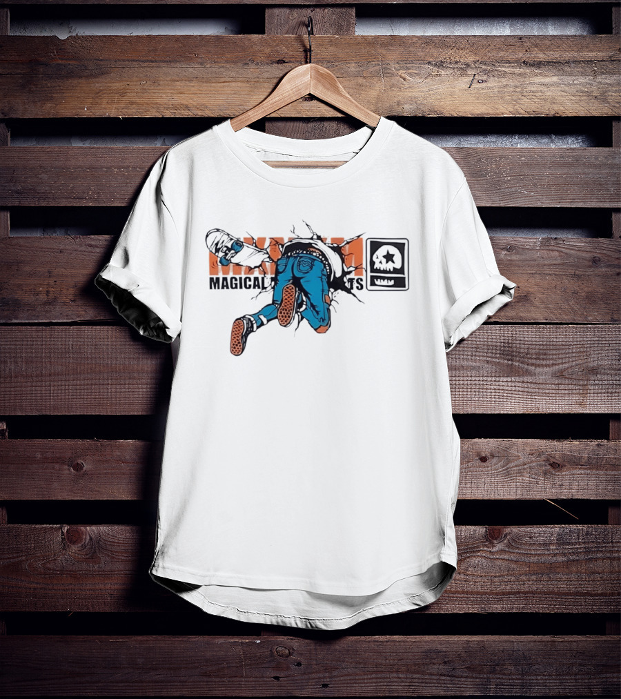 Magical Skateboarder Crashing Through Wall Skull Jeans Brick Wall T-Shirt