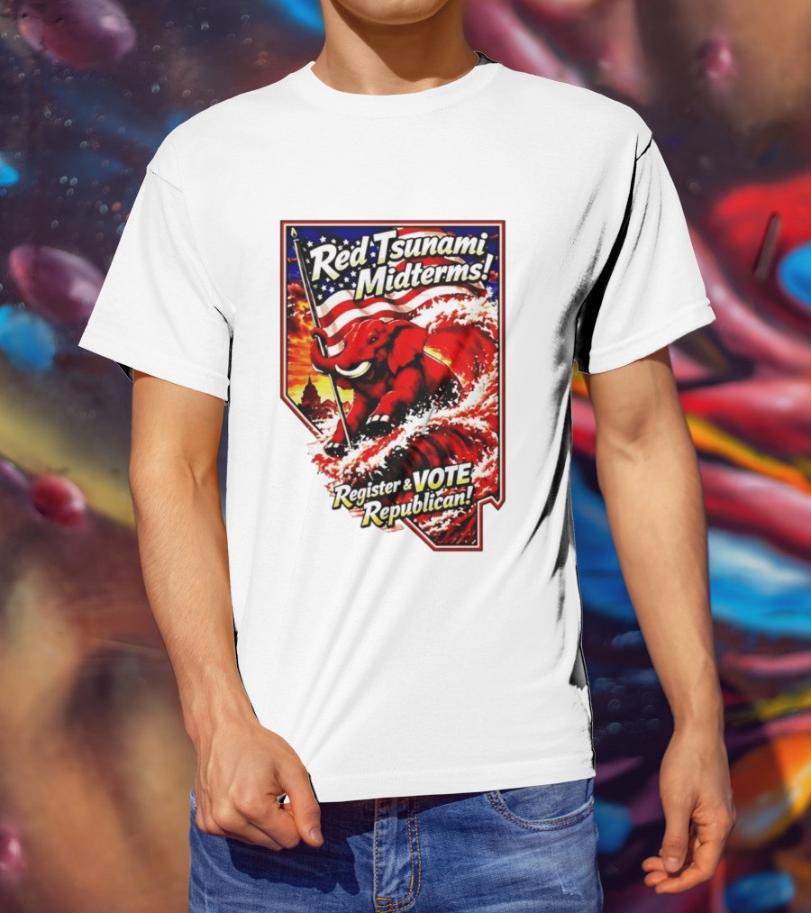 Red Tsunami Midterms Register And Vote Republican Political Elephant With American Flag T-Shirt
