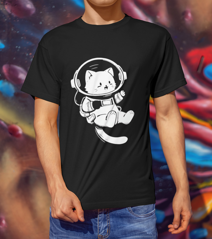 Astronaut Cat Floating In Space Suit Cosmic Adventure T-Shirt