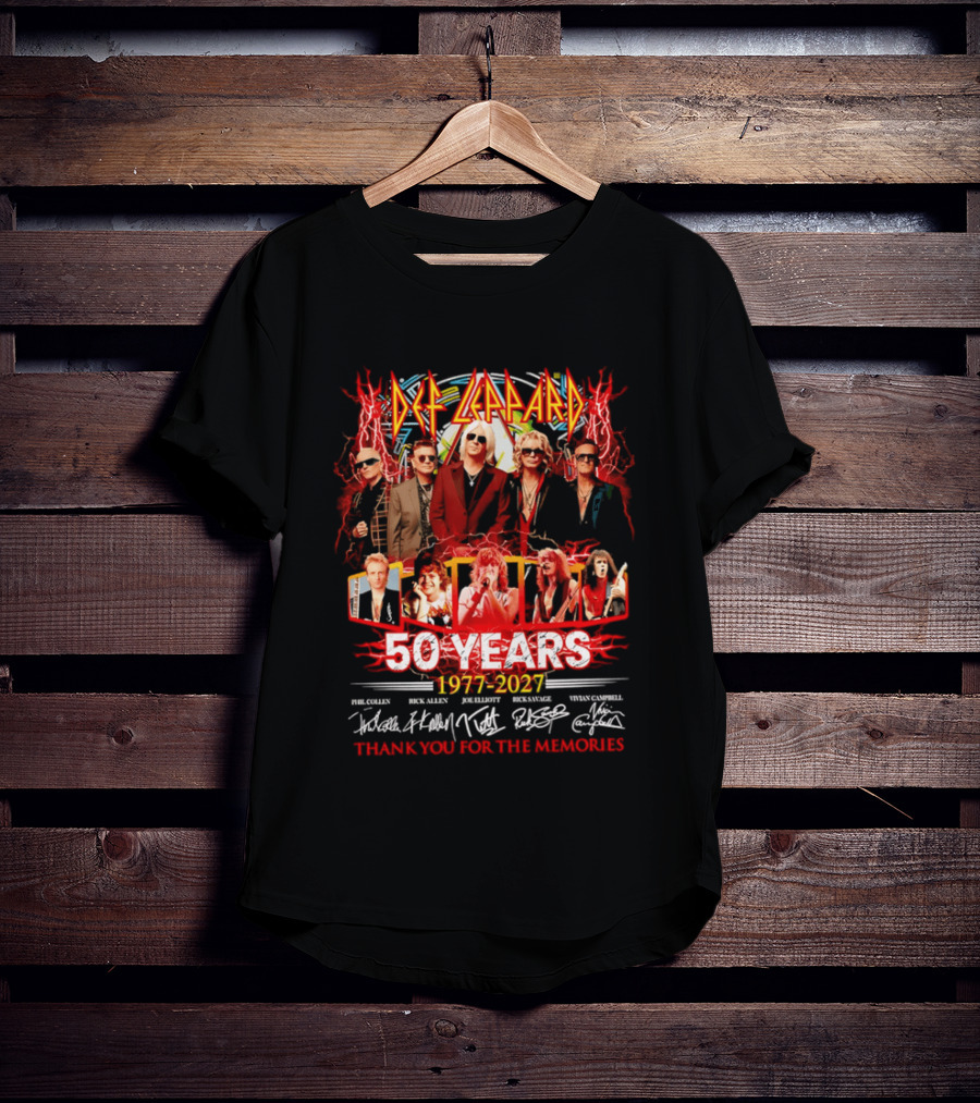 Def Leppard 50 Years 1977 2027 Thank You For The Memories Rock Legends Celebration Autographed Collage T-Shirt