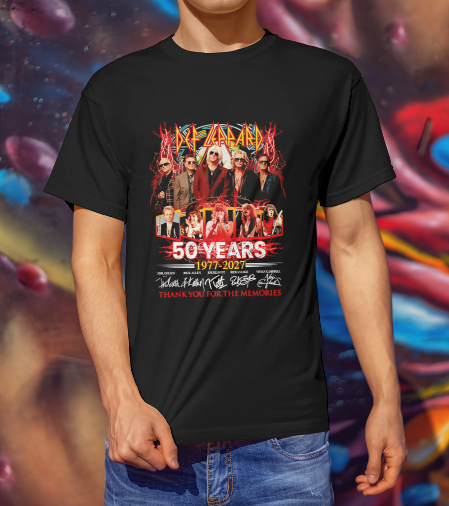Def Leppard 50 Years 1977 2027 Thank You For The Memories Rock Legends Celebration Autographed Collage T-Shirt