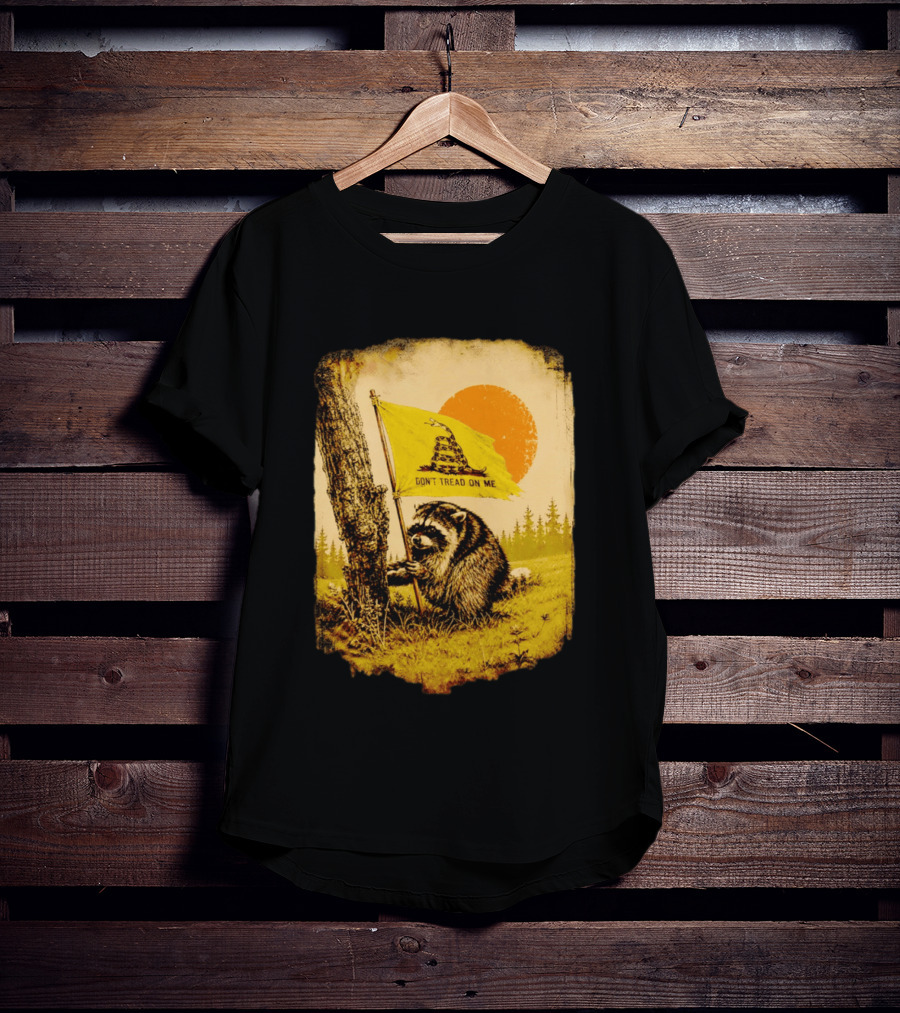 Don't Tread On Me Raccoon Holding Gadsden Flag Rustic Sun T-Shirt