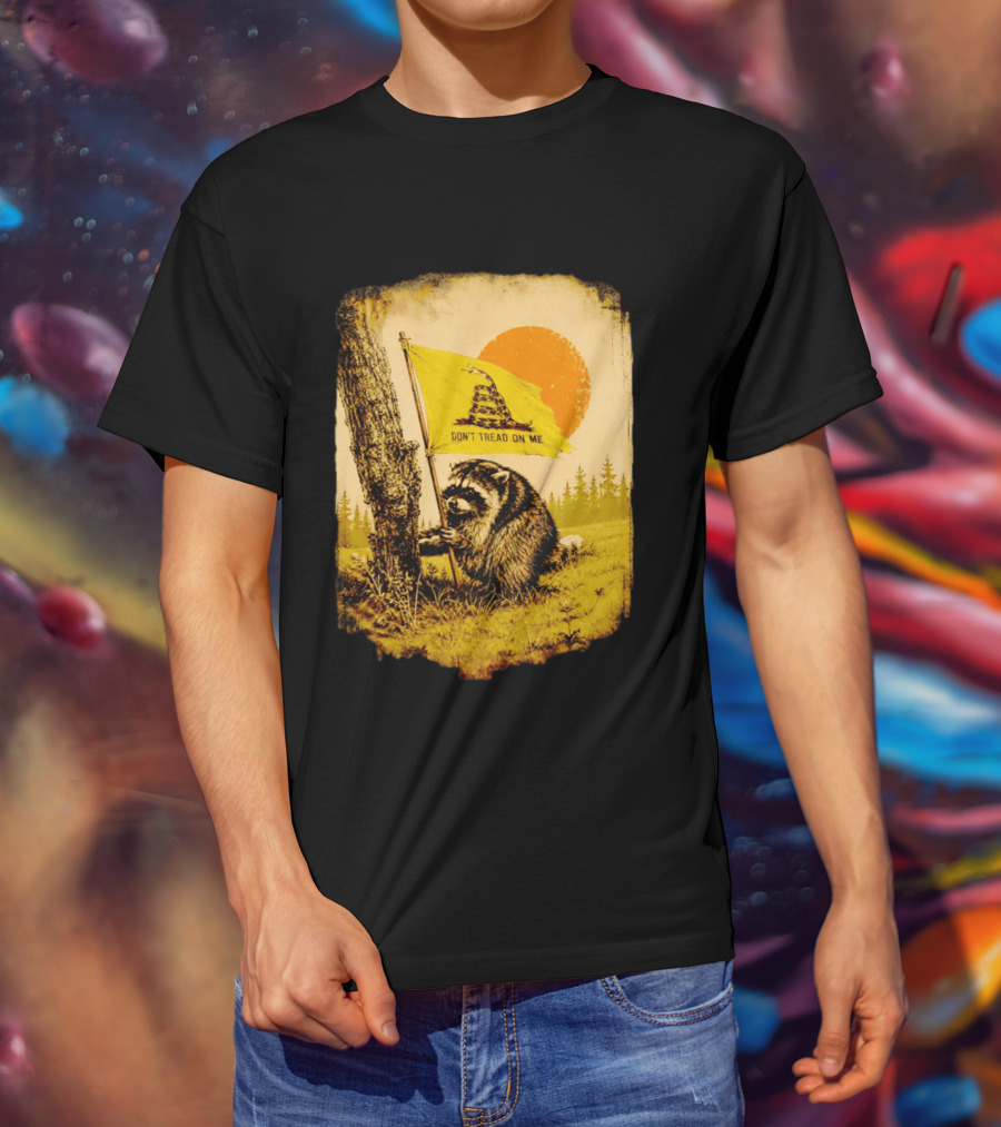 Don't Tread On Me Raccoon Holding Gadsden Flag Rustic Sun T-Shirt