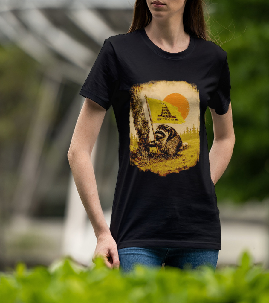 Don't Tread On Me Raccoon Holding Gadsden Flag Rustic Sun T-Shirt
