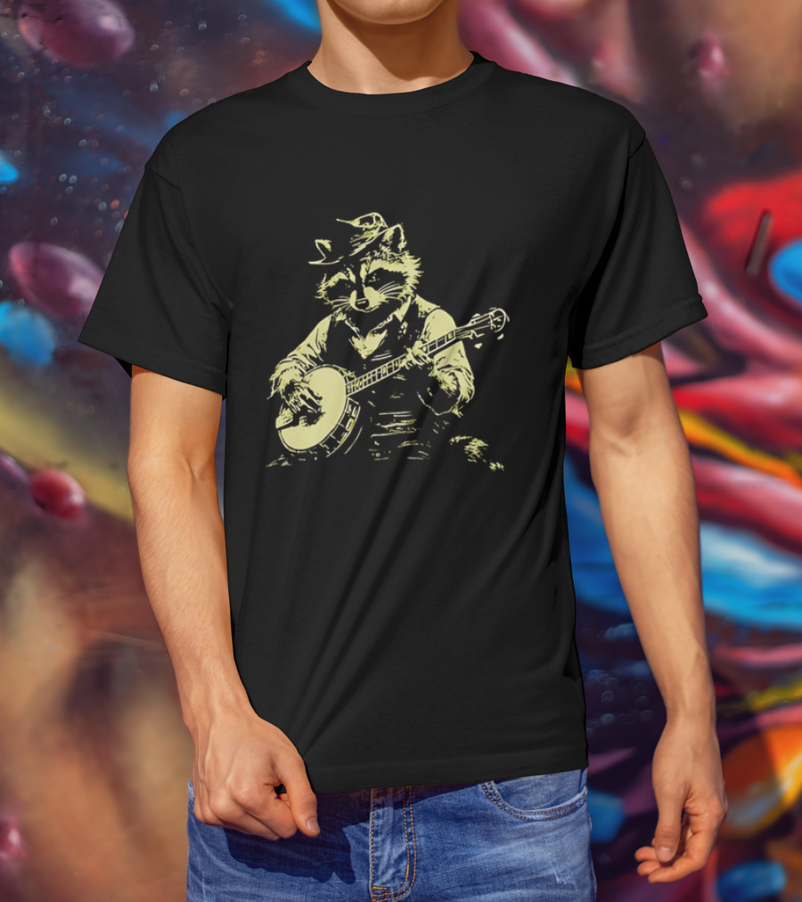 Raccoon Strumming Banjo Wearing Hat And Vest T-Shirt