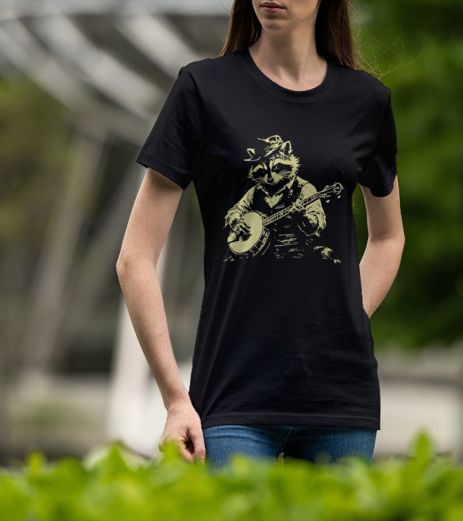 Raccoon Strumming Banjo Wearing Hat And Vest T-Shirt