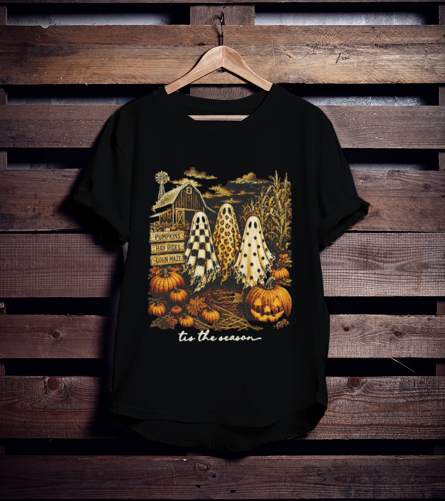 Tis The Season Halloween Ghosts Trio Pumpkins Hay Rides Corn Maze Spooky Autumn T-Shirt