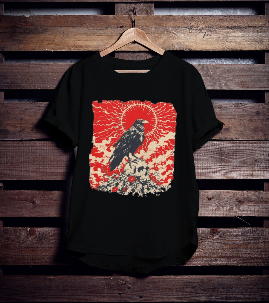 The Crow And The Skull Vintage Gothic Illustration Red Sunburst Mystical T-Shirt