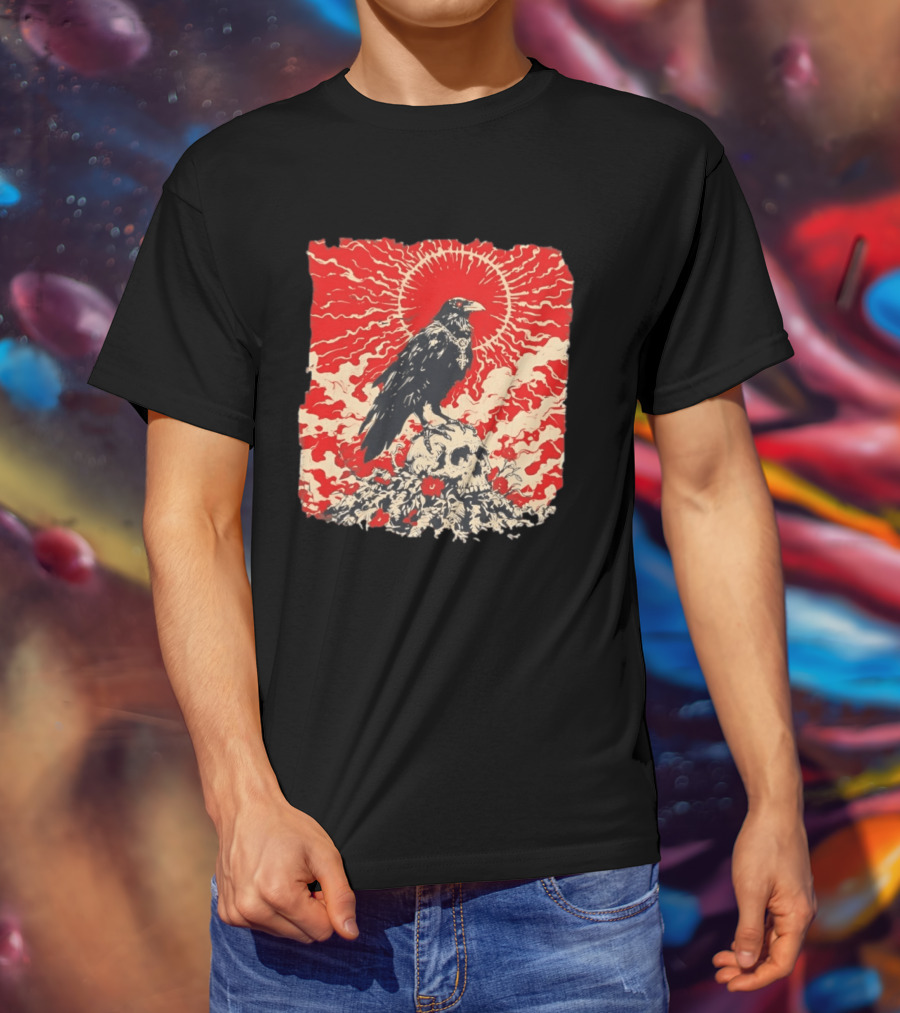 The Crow And The Skull Vintage Gothic Illustration Red Sunburst Mystical T-Shirt