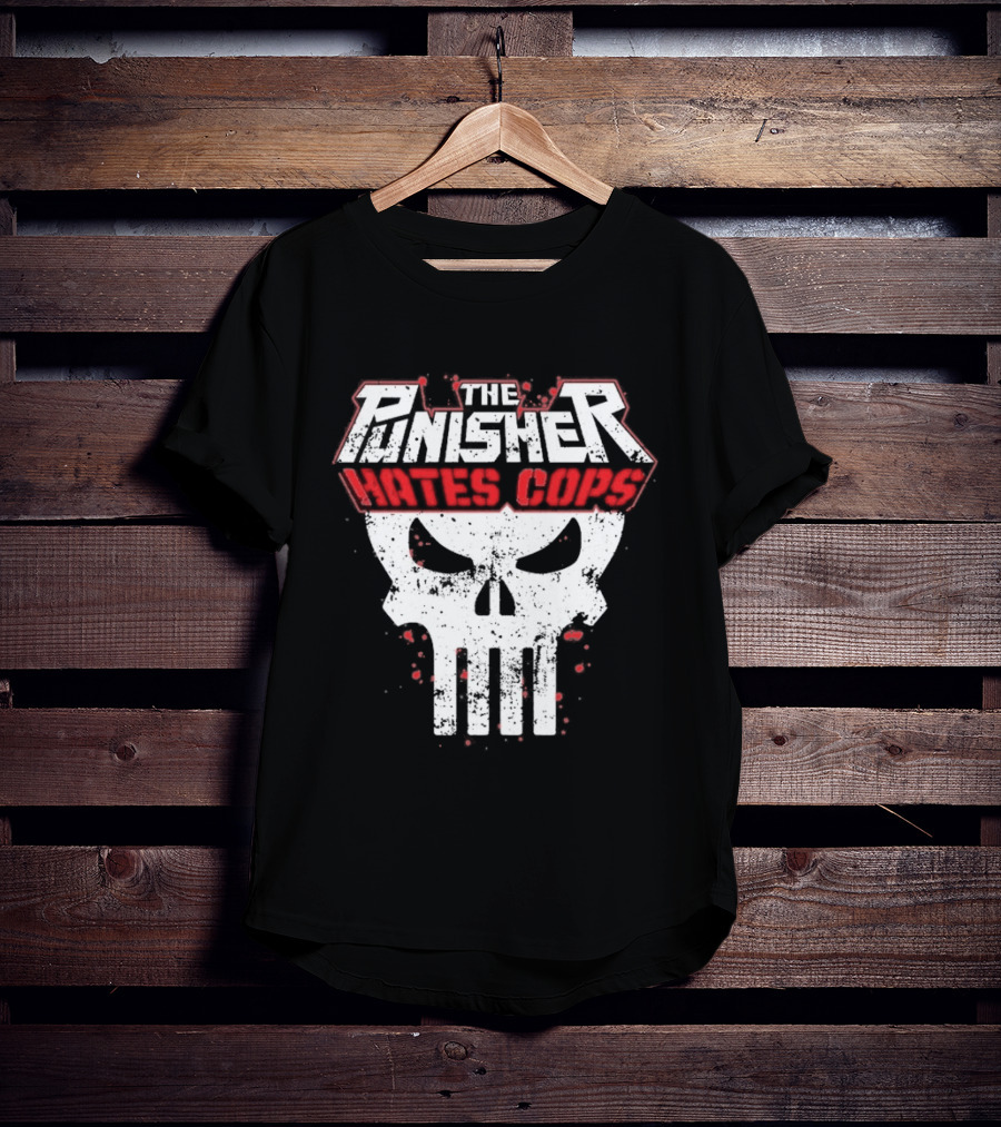 The Punisher Hates Cops Skull Symbol Red White T-Shirt