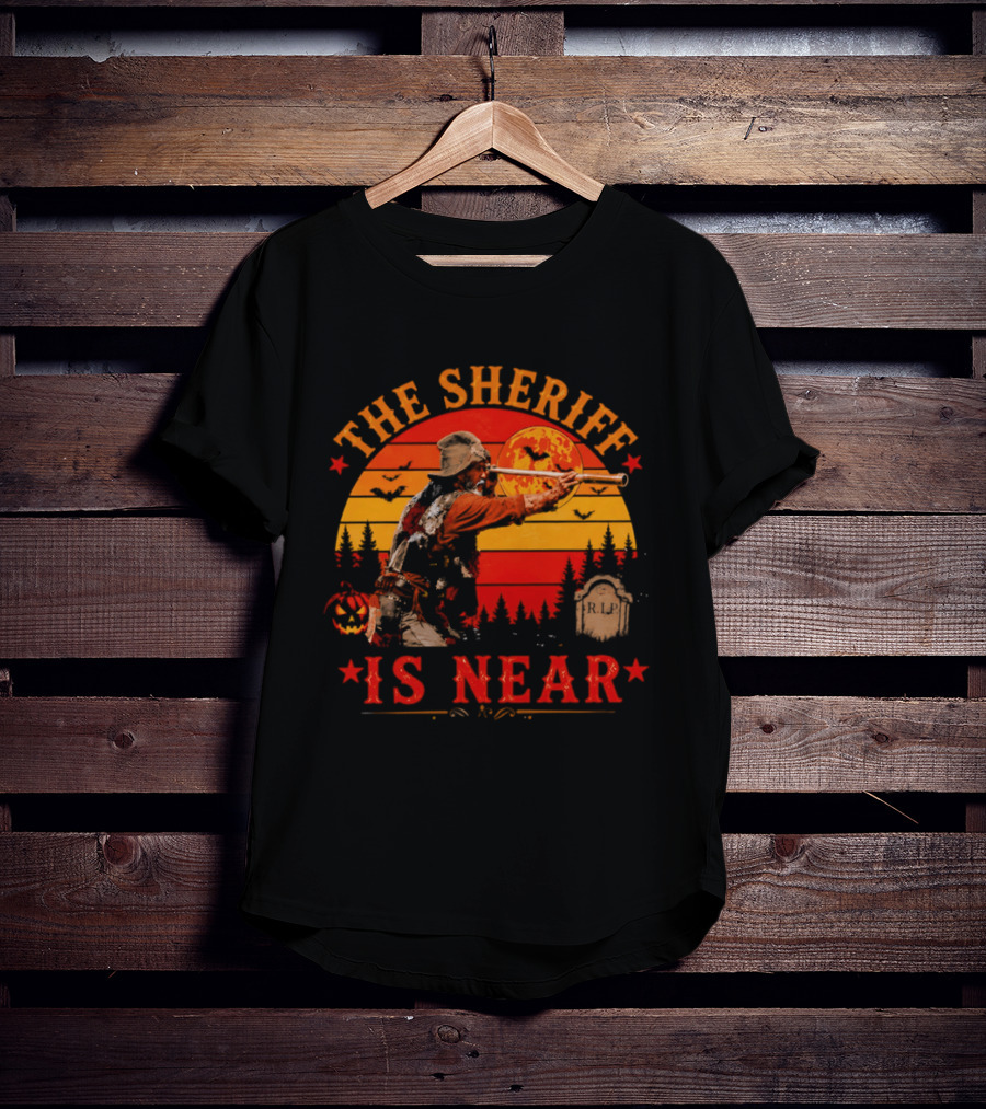The Sheriff Is Near Halloween Cowboy Full Moon Tombstone Pumpkin Bats T-Shirt