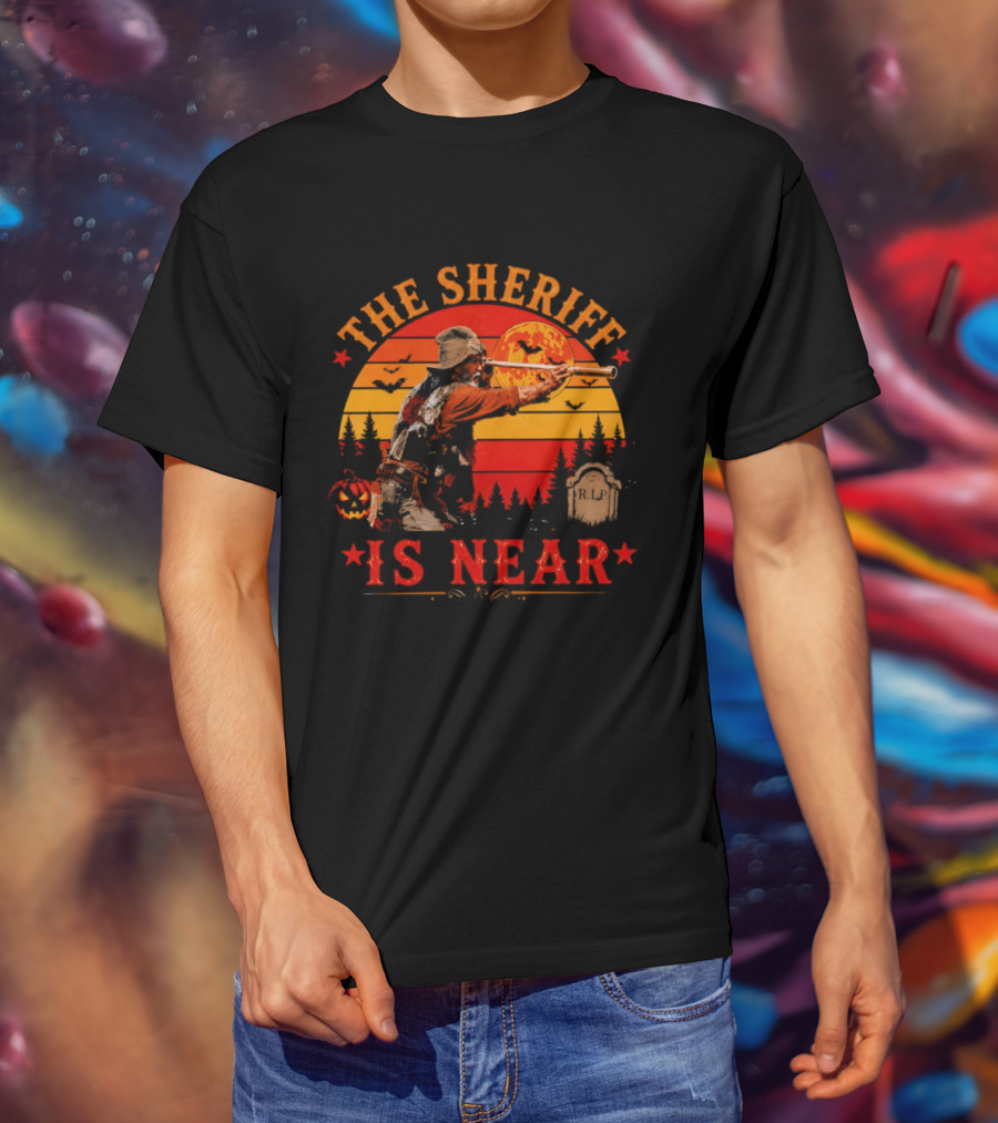 The Sheriff Is Near Halloween Cowboy Full Moon Tombstone Pumpkin Bats T-Shirt