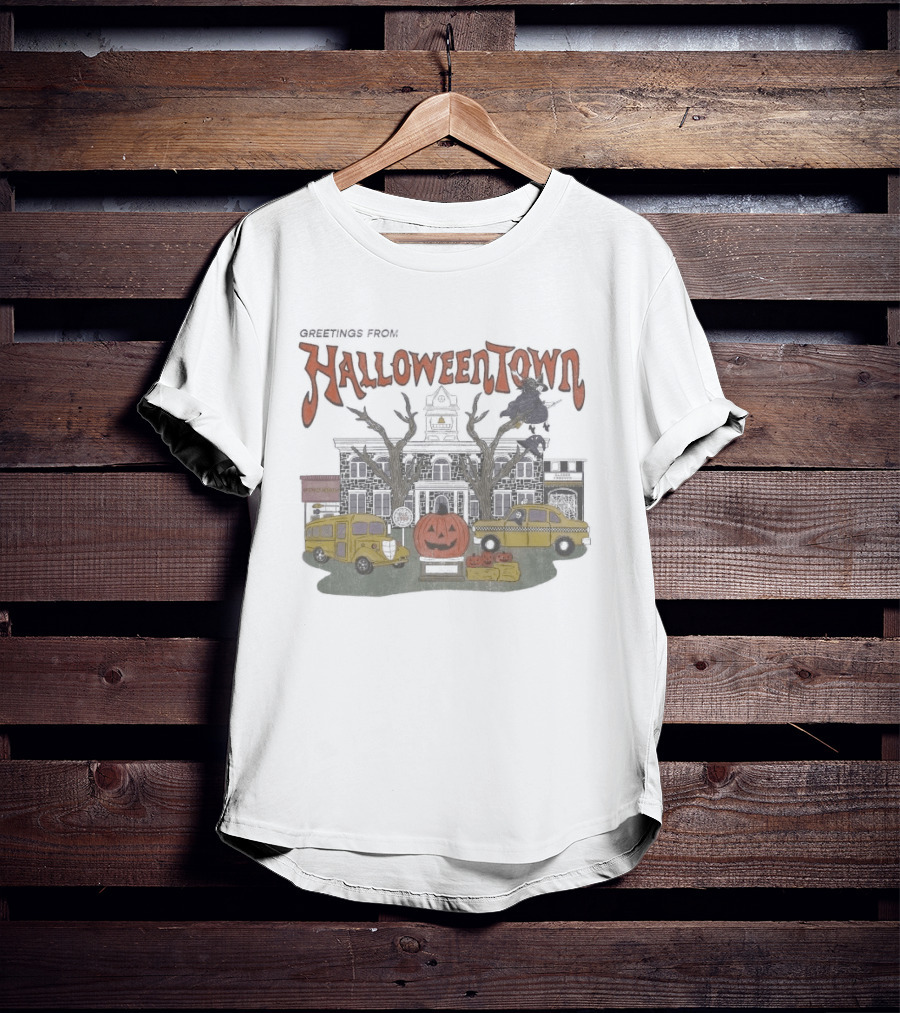 Greetings From Halloweentown Spooky Pumpkin Taxi Bus Haunted House Scene T-Shirt