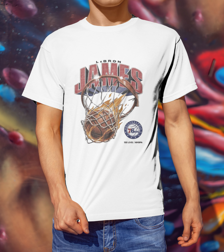 LeBron James Philadelphia 76ers Basketball Hoop Fire NBA 90s T-Shirt