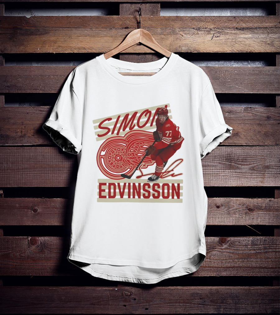 Simon Edvinsson 77 Detroit Red Wings Signature Hockey T-Shirt
