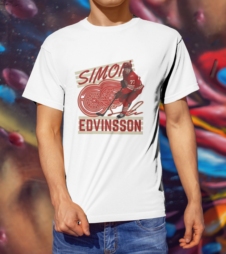 Simon Edvinsson 77 Detroit Red Wings Signature Hockey T-Shirt
