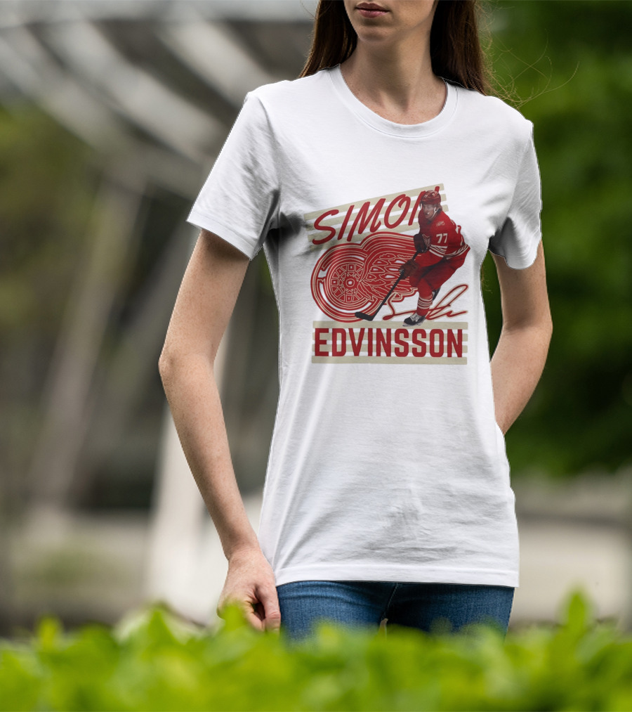 Simon Edvinsson 77 Detroit Red Wings Signature Hockey T-Shirt