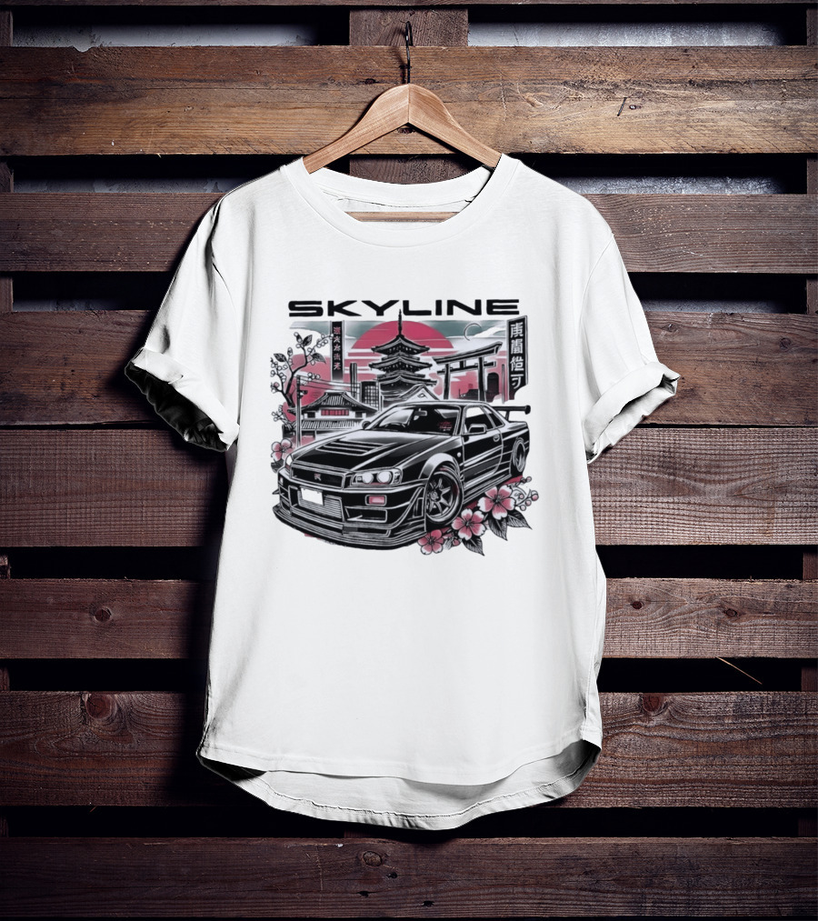 Skyline Japanese Cherry Blossom Car Pagoda Sun Blossoms T-Shirt