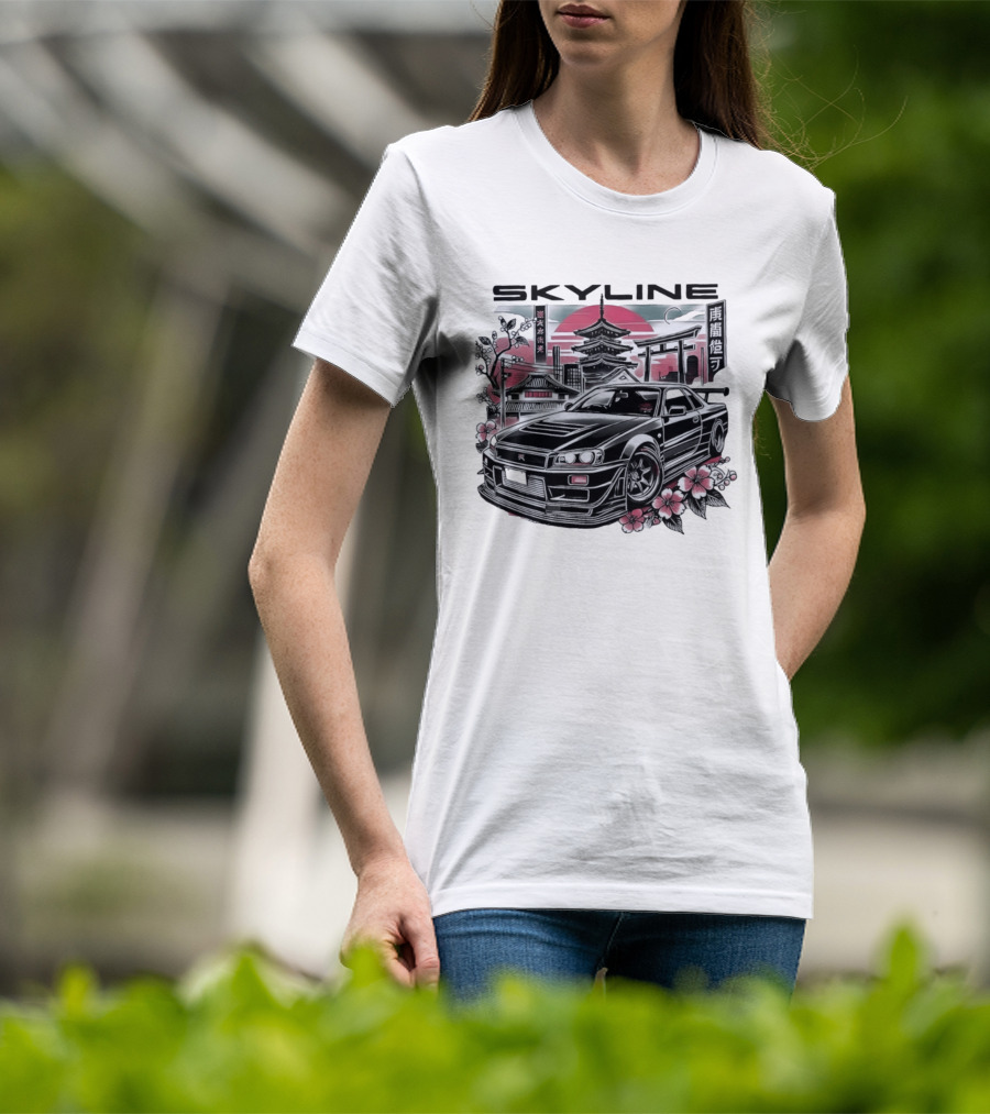 Skyline Japanese Cherry Blossom Car Pagoda Sun Blossoms T-Shirt