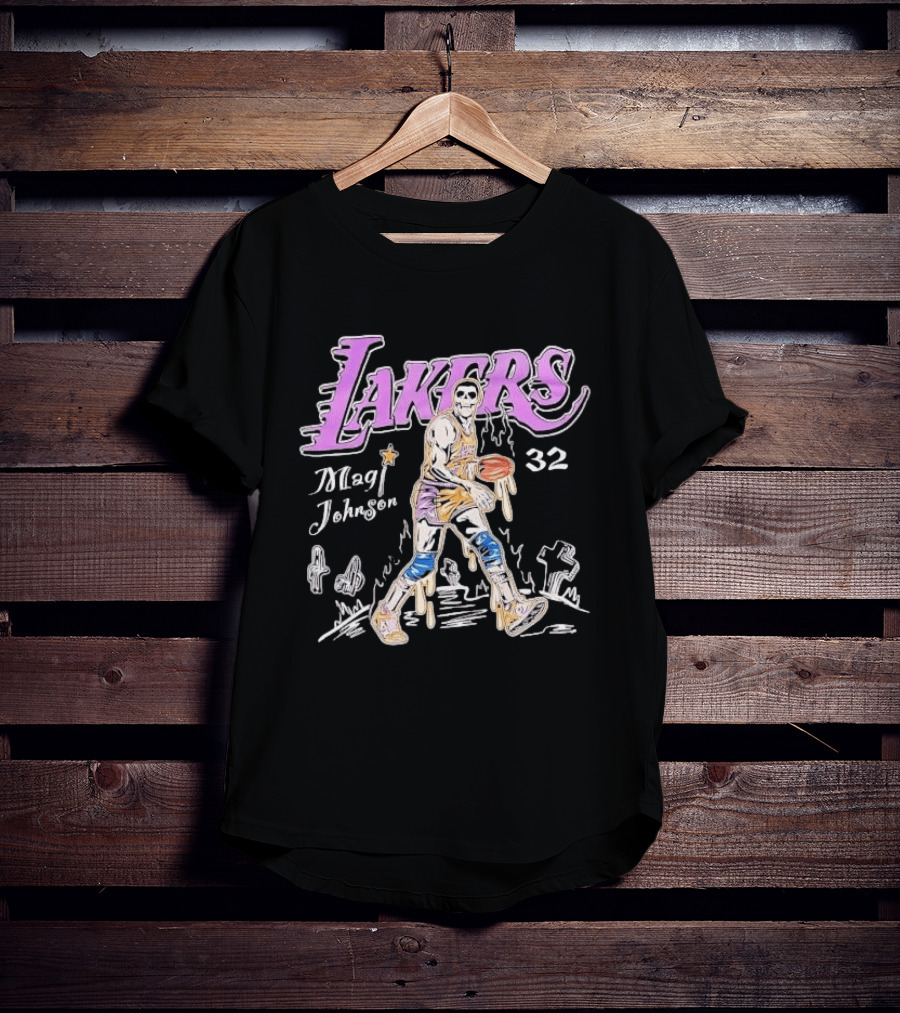 Lakers Magic Johnson 32 Skull Basketball Dribbling T-Shirt