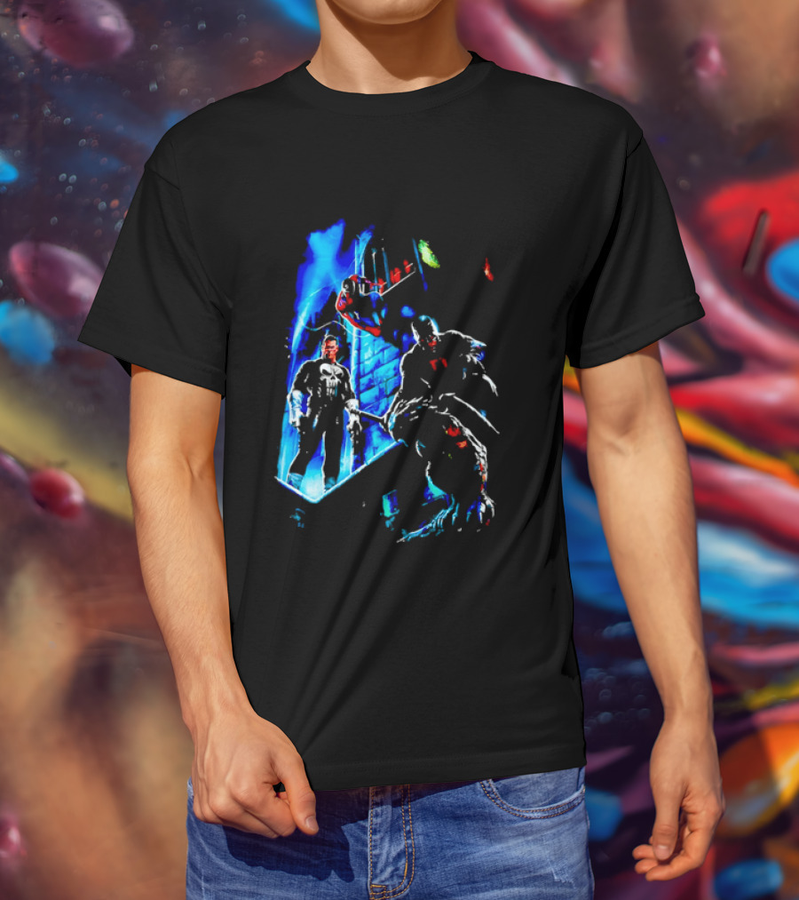 Marvel Comics Vigilante Action The Punisher Spider Man Daredevil Urban Battle Scene T-Shirt