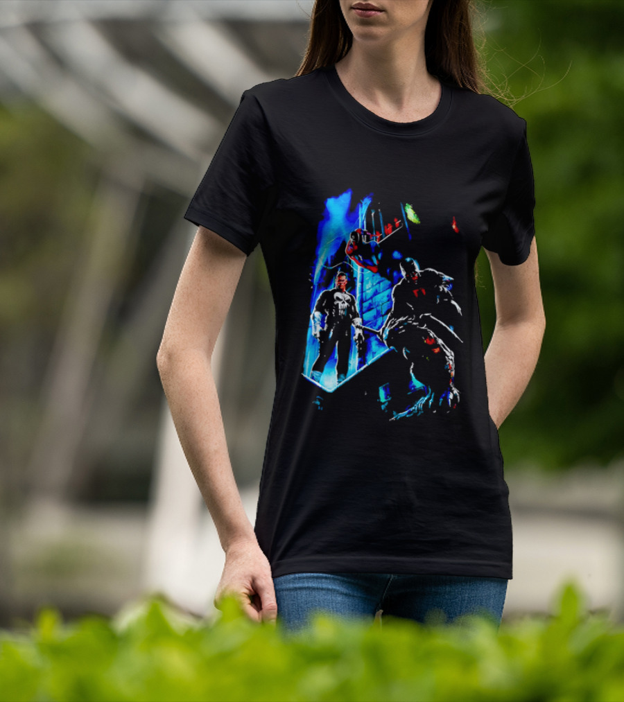 Marvel Comics Vigilante Action The Punisher Spider Man Daredevil Urban Battle Scene T-Shirt