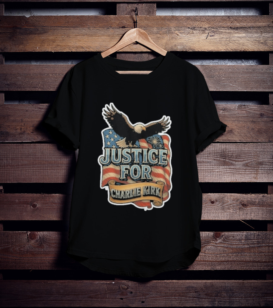 Justice For Charlie Kirk Bald Eagle American Flag Banner T-Shirt