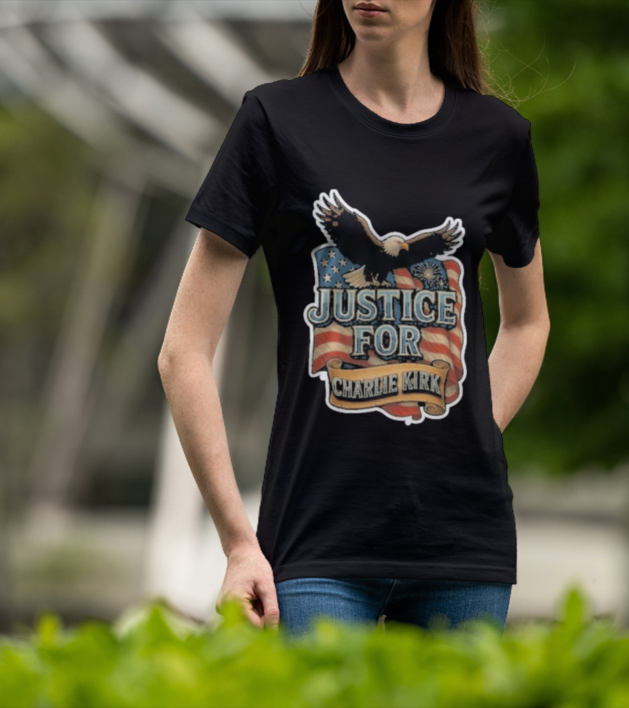 Justice For Charlie Kirk Bald Eagle American Flag Banner T-Shirt