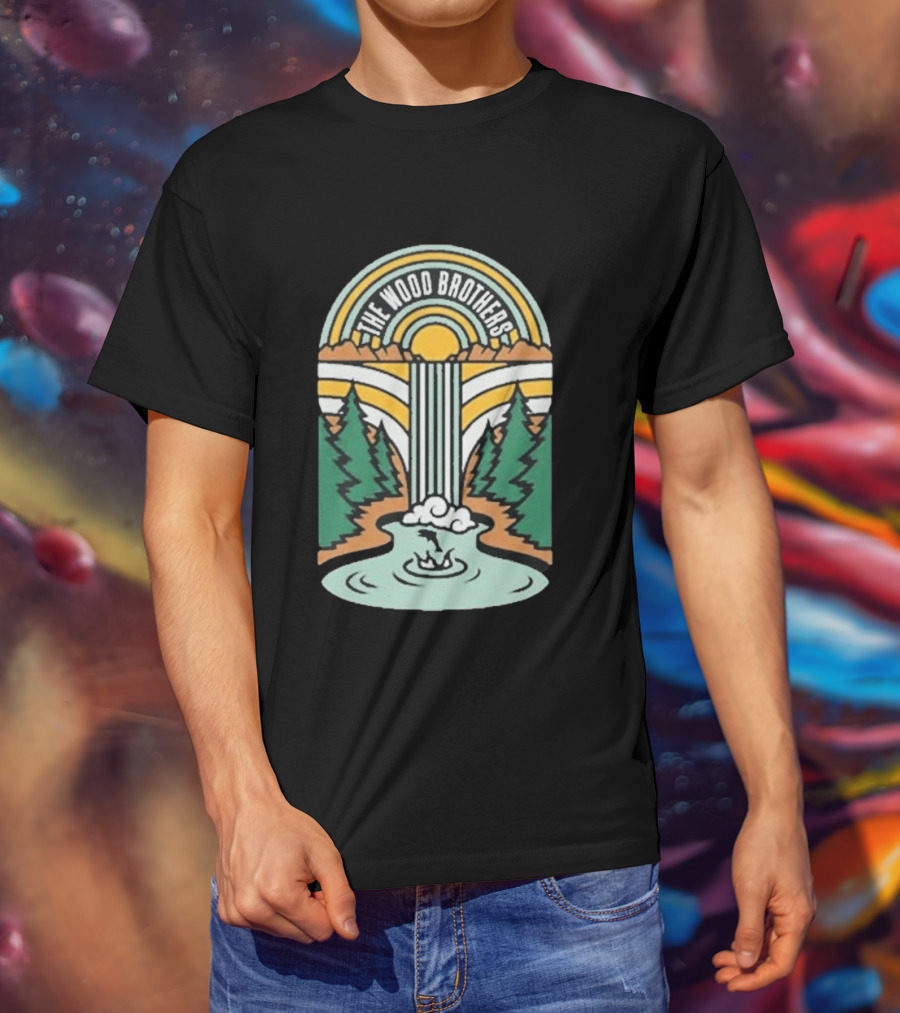The Wood Brothers Waterfall Nature Scene With Sunburst And River Rapids T-Shirt