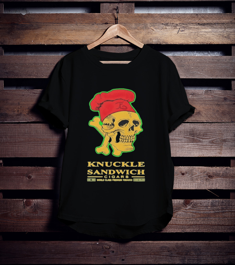Knuckle Sandwich Cigars World Class Tobacco Skull With Red Chef Hat And Crossbones T-Shirt