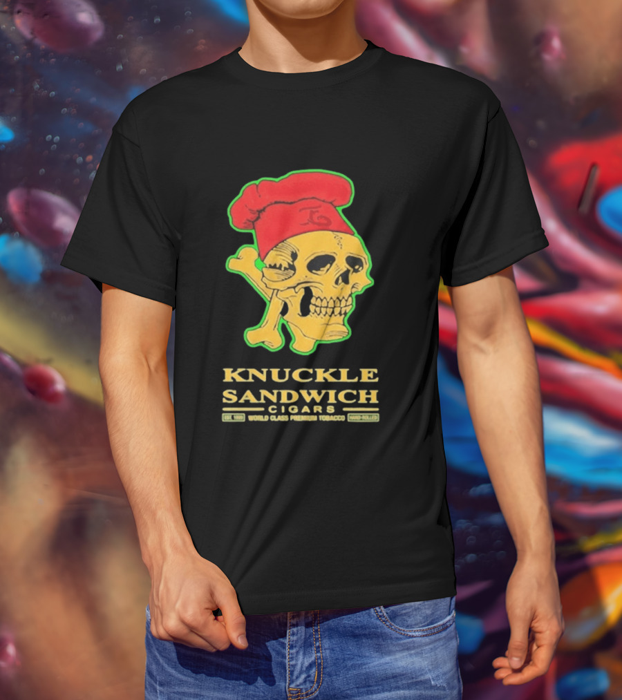 Knuckle Sandwich Cigars World Class Tobacco Skull With Red Chef Hat And Crossbones T-Shirt