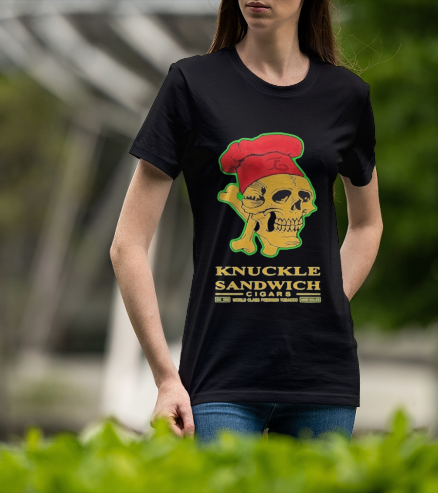 Knuckle Sandwich Cigars World Class Tobacco Skull With Red Chef Hat And Crossbones T-Shirt