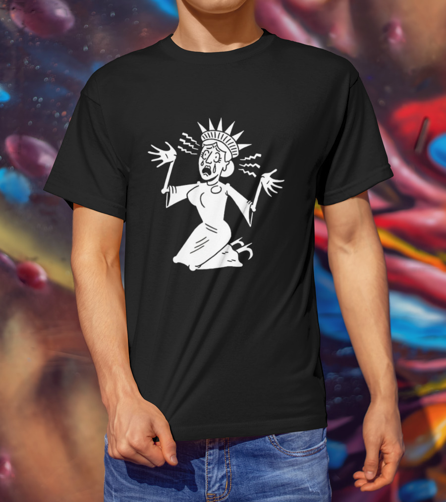 Lady Liberty Patriotic Panic Cartoon Sketch Yankee Doodle Distress T-Shirt