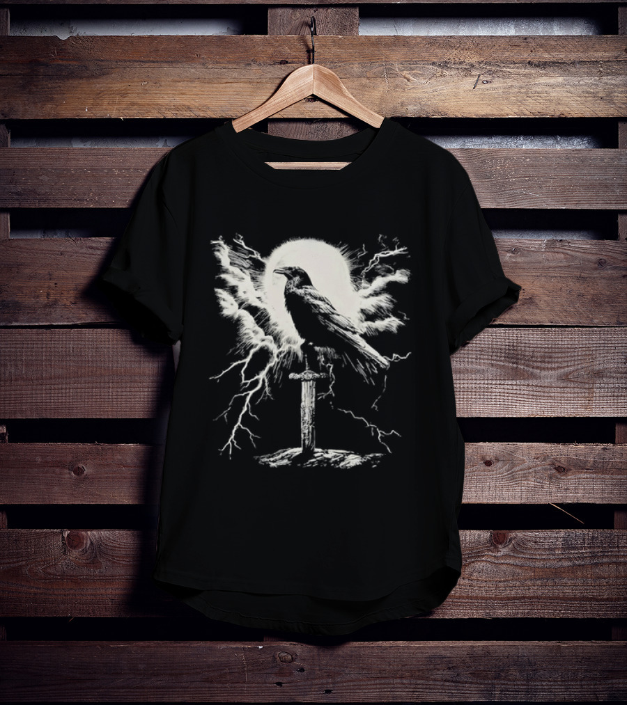 Raven On Sword With Lightning And Moon T-Shirt