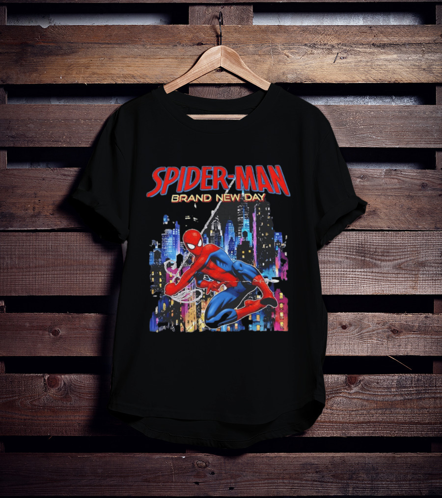 Spider Man Brand New Day Web Superhero Swinging City Night Marvel Studios T-Shirt