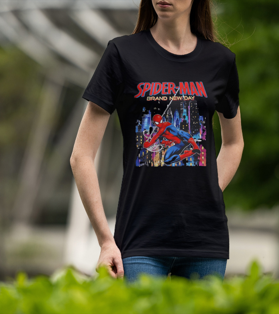Spider Man Brand New Day Web Superhero Swinging City Night Marvel Studios T-Shirt