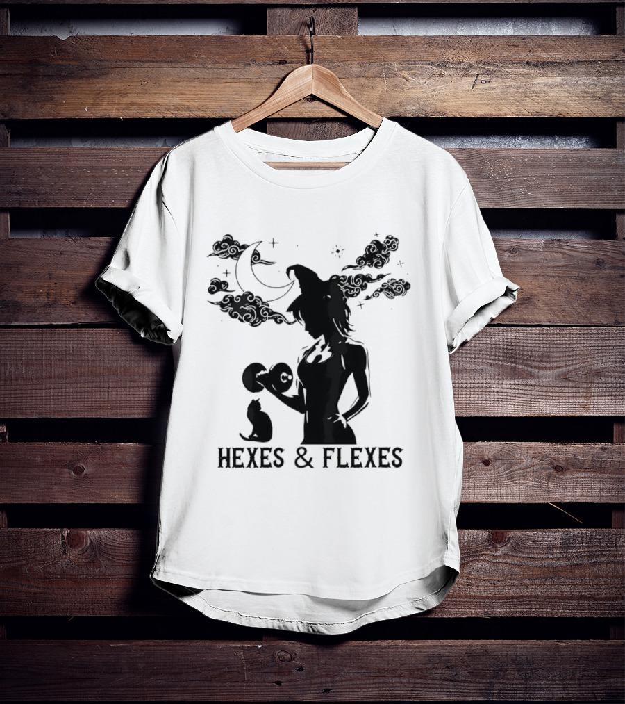 Spooky Fitness Witch Lifting Dumbbell With Cat Hexes & Flexes Moon Clouds T-Shirt