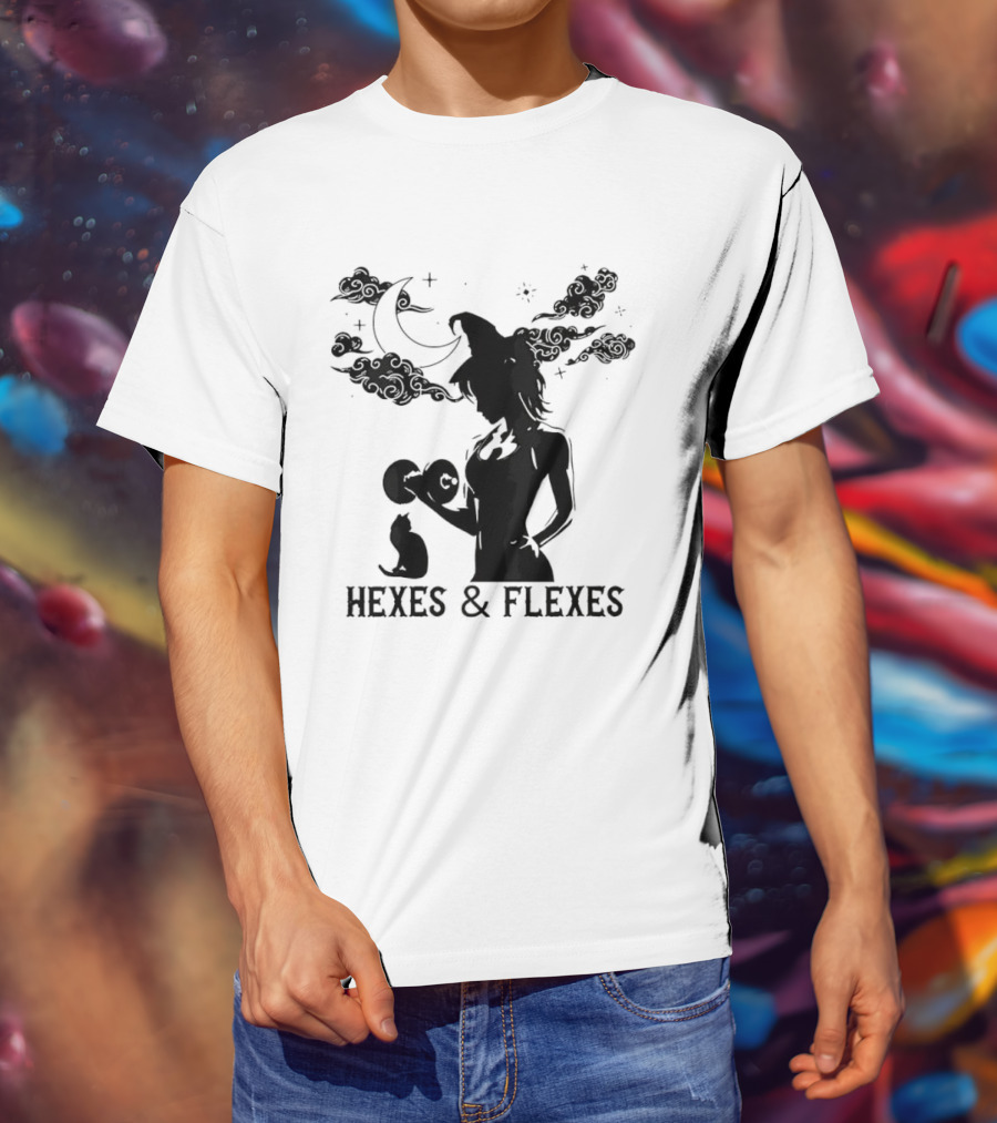 Spooky Fitness Witch Lifting Dumbbell With Cat Hexes & Flexes Moon Clouds T-Shirt