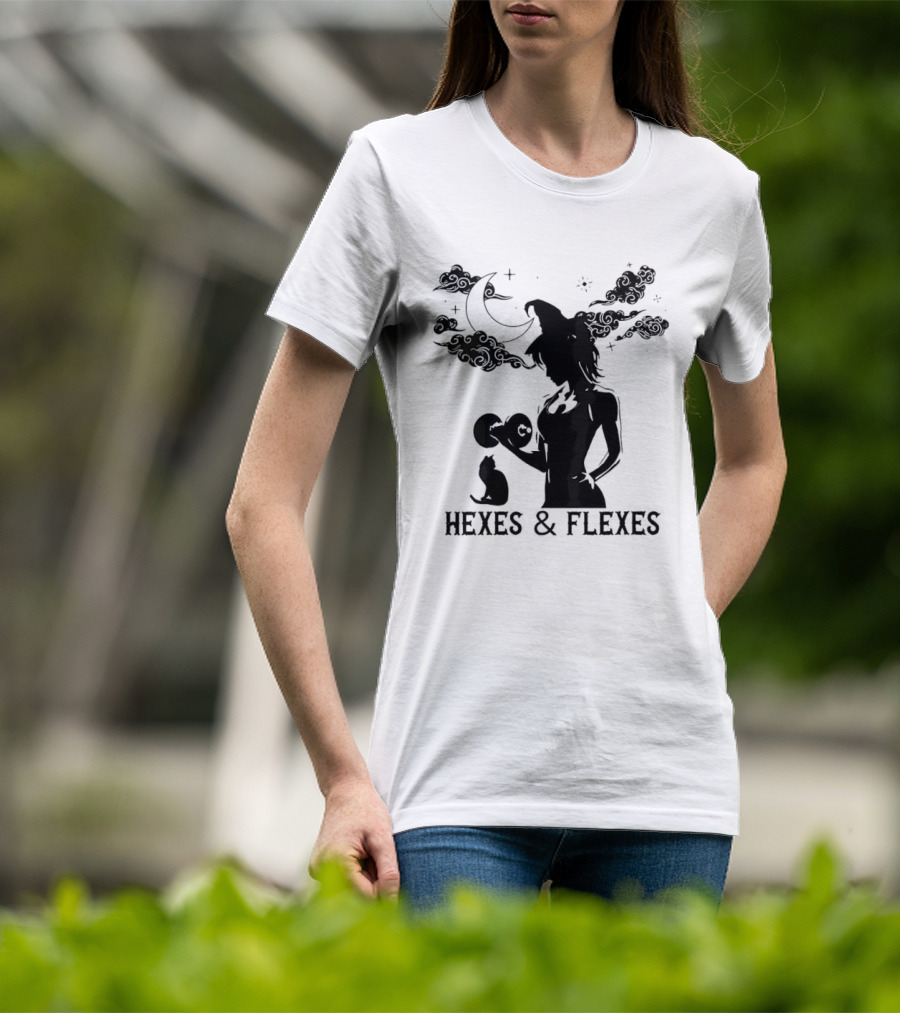 Spooky Fitness Witch Lifting Dumbbell With Cat Hexes & Flexes Moon Clouds T-Shirt