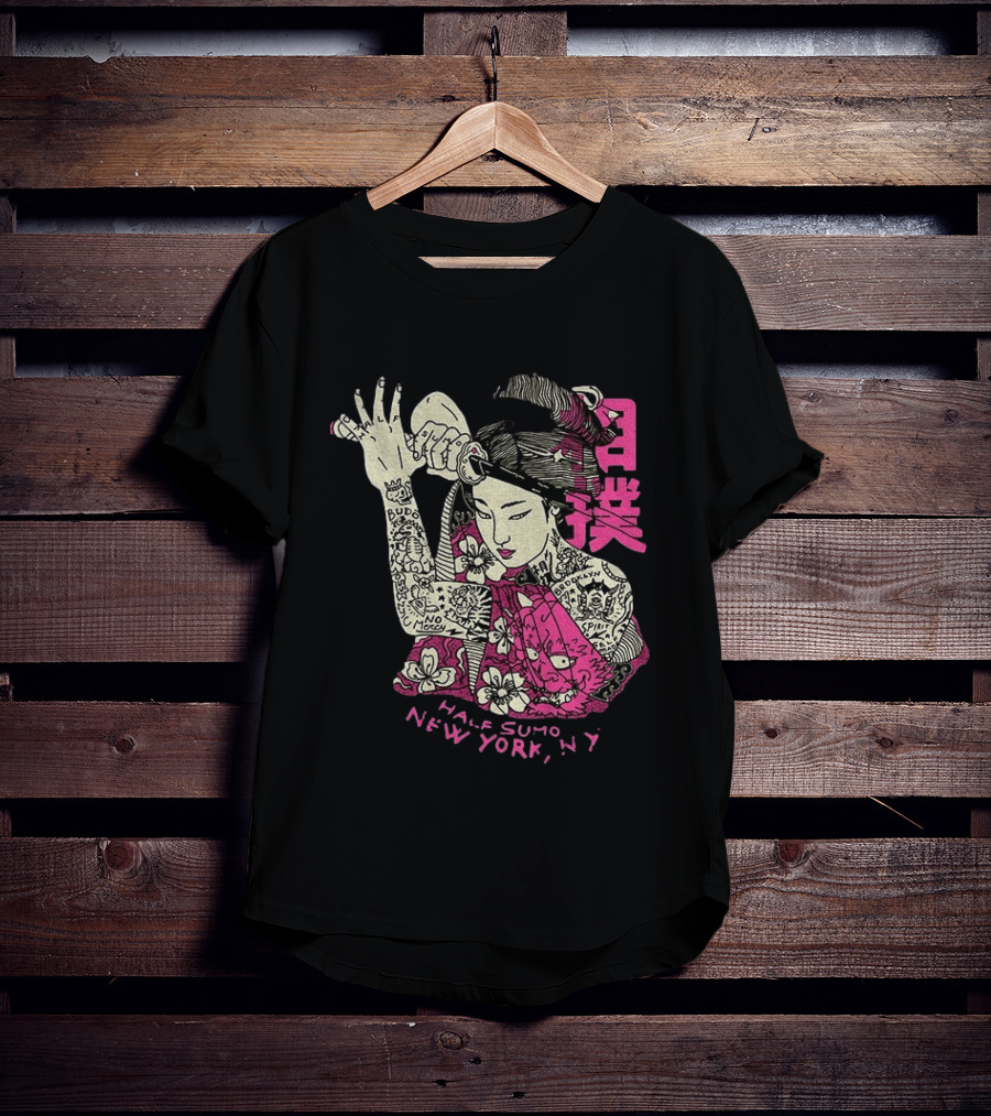 Tattooed Geisha With Katana And Flowers Japanese Samurai Half Sumo New York NY T-Shirt