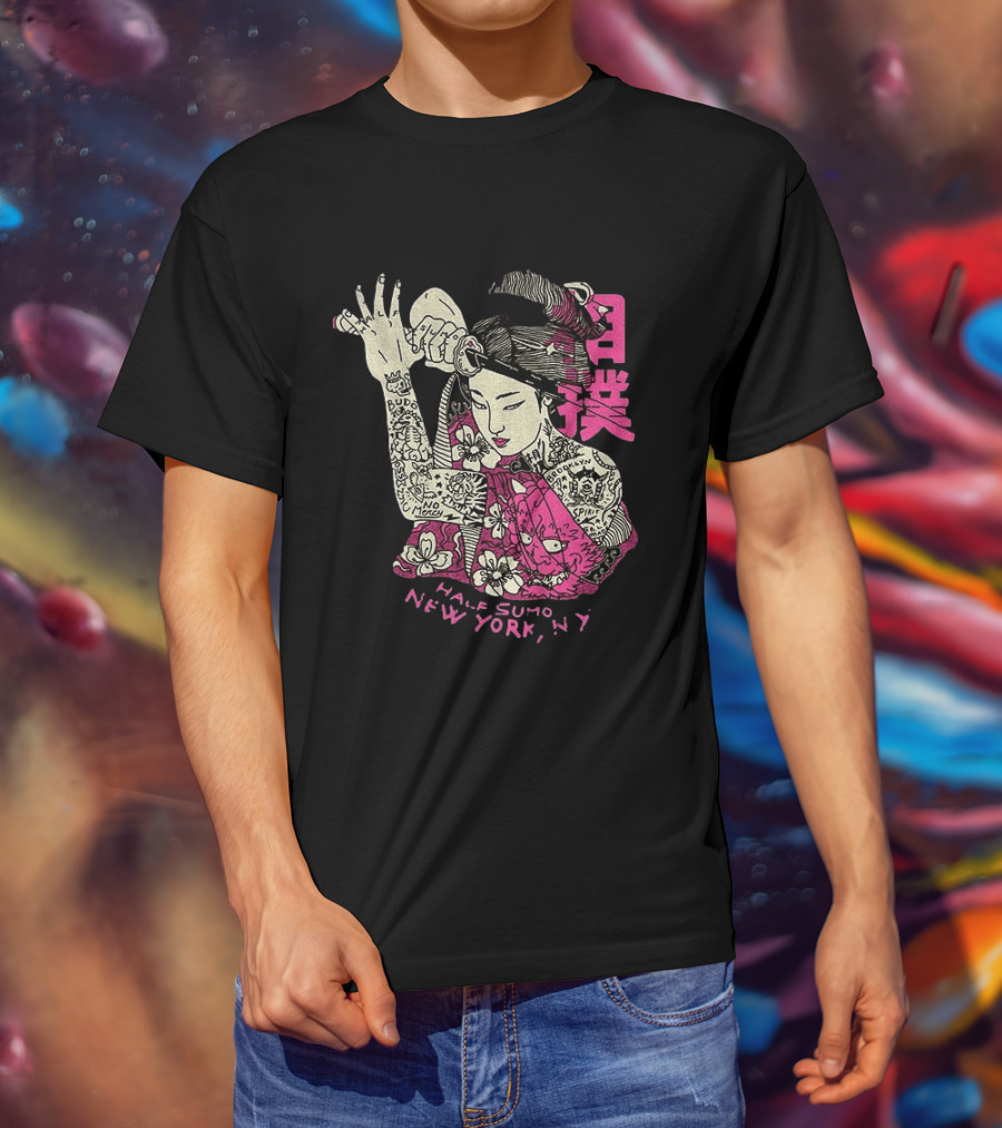 Tattooed Geisha With Katana And Flowers Japanese Samurai Half Sumo New York NY T-Shirt